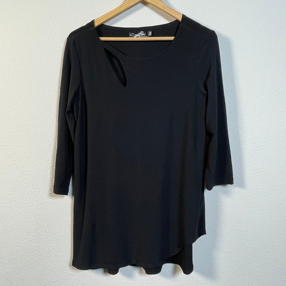 Sympli Tunic Top Women 12‎ Black Cutout Neck 3/4 Sleeve Flare High Low Jersey